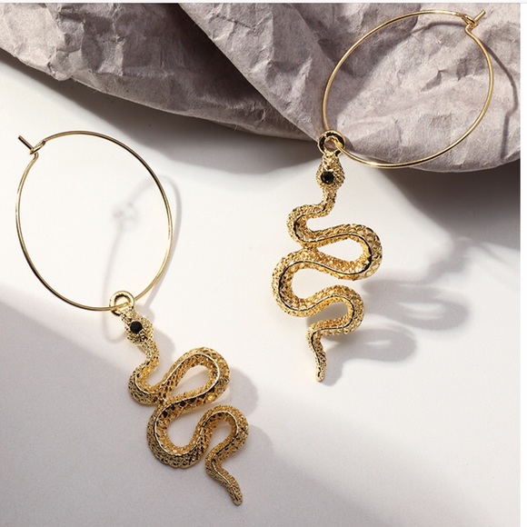 Exotic Gold Hanging Snake Hoop Earrings! - Picture 6 of 8